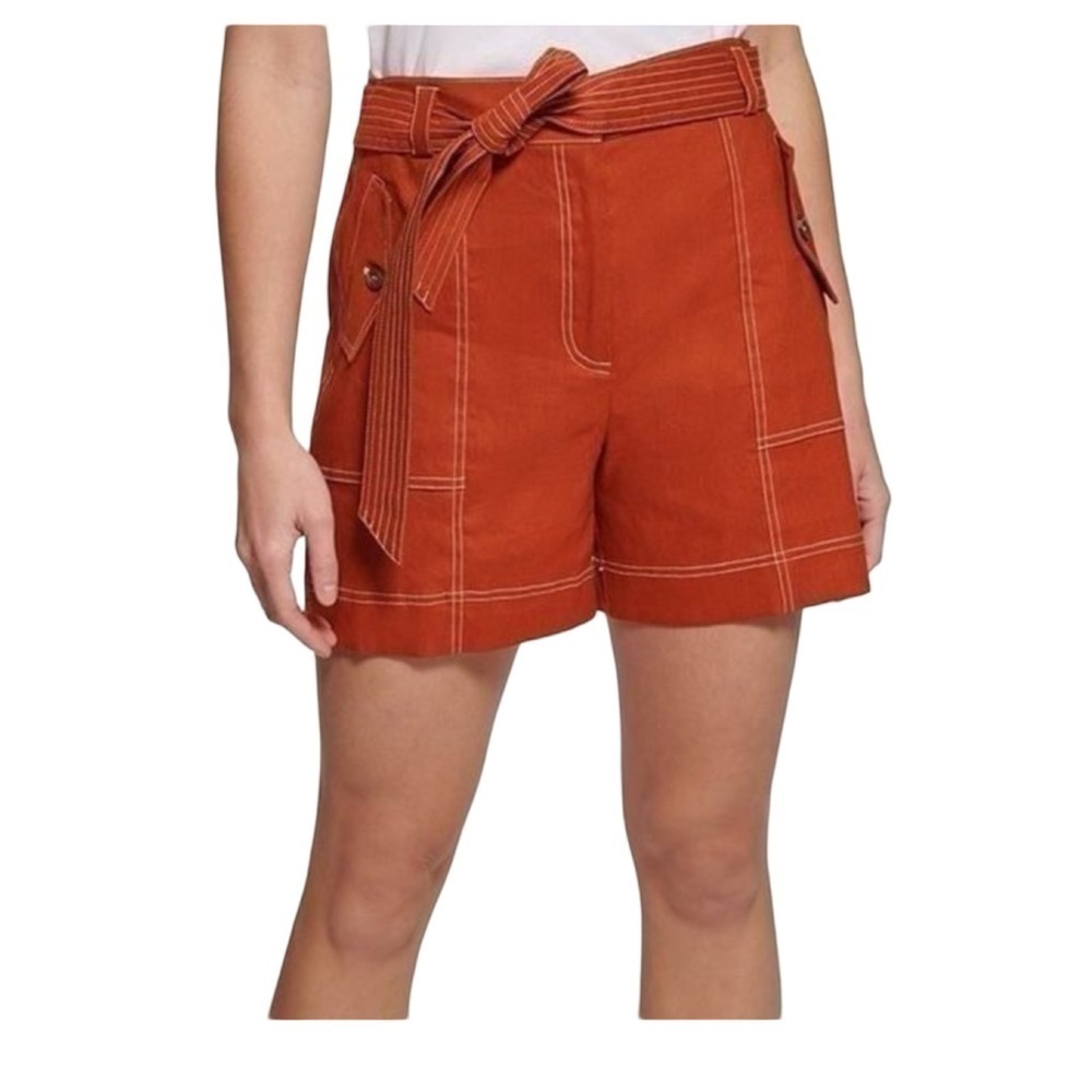 Calvin Klein Size XL Linen Blend Stitched Tie Waist Belted Shorts Burnt Orange